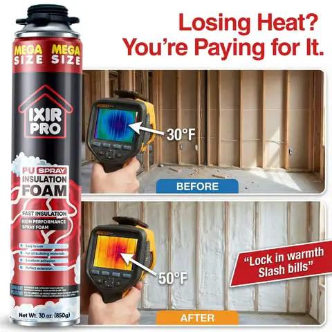 Top Shelf Spray Foam Insulation Kit With Heavy Duty Expanding Sealant To Plug Drafts Fast And Slash Energy Bills great for sealing gaps, showing before and after temperature results.