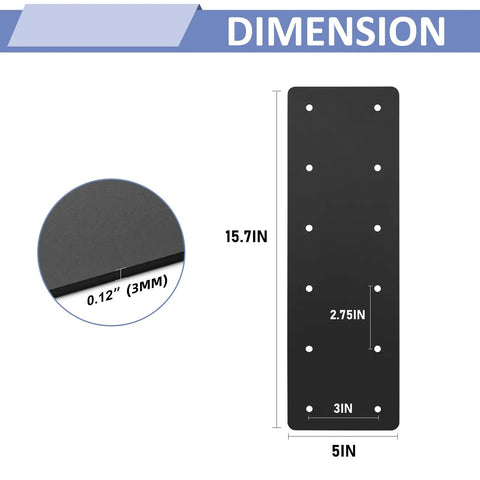 Lock Down Your Build With This Heavy-Duty 4 Pack Of 15.7 In X 5 In Straight Steel Mending Plates dimensions showing 3mm thickness and nailing points.