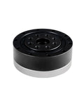 Heavy Duty High Precision Cylindrical Gear Reducer With 120 Reduction Ratio And Rock Solid Hard Tooth Surface Built Tough For Smooth Horizontal Speed Control Gears That Run Flawless On Any Rig, round black and silver unit, top view, multiple mounting holes.