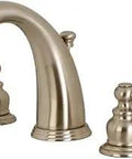 Naples Widespread Brushed Nickel Bathroom Faucet showing 8 to 16 inch spread, solid brass deck mount, three-hole design handles