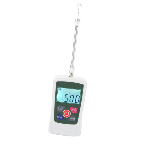 50N Digital Force Meter With Backlit Screen For Quick Push And Pull Tests Auto Shutdown Buzzer Alert Four Units Conversion Portable Handheld Gauge For Lab And Workshop Quality Checks Dope Accurate Readouts, white handheld gauge with hook