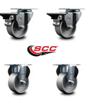 Beefy Swivel Top Plate Caster Set Of 4 With 3 Inch Silver Wheels Semi Steel Cast Iron Casters Includes Two Swivel With Posi Lock Brakes