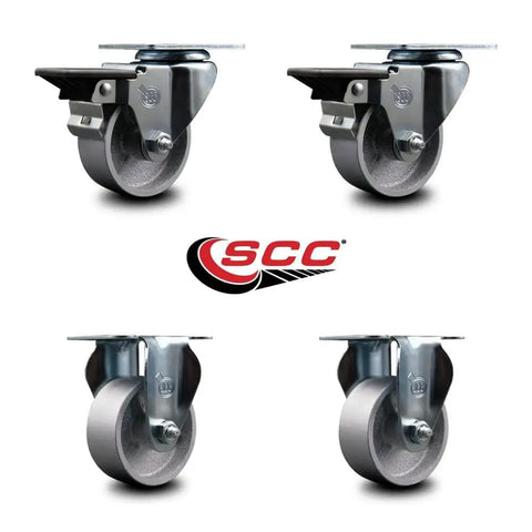 Beefy Swivel Top Plate Caster Set Of 4 With 3 Inch Silver Wheels Semi Steel Cast Iron Casters Includes Two Swivel With Posi Lock Brakes