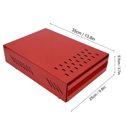 Premium Red Coffee Knock Box For Espresso Grounds With Cushioned Rubber Rod And Antislip Base To Keep Your Bar Setup Slick And Mess Free While You Drop Those Daily Puck Shots Cleanly Every Time, showing dimensions and red finish.