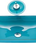 Dope Premium Cyan Rectangular Glass Bathroom Vessel Sink Countertop Vanity Basin Featuring Brass Waterfall Faucet Badass Scratch Resistant Finish For Your Crib viewed from above, showing the shape and faucet.