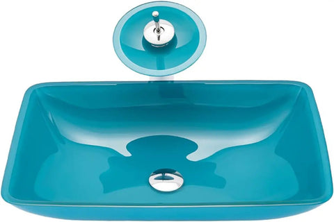 Dope Premium Cyan Rectangular Glass Bathroom Vessel Sink Countertop Vanity Basin Featuring Brass Waterfall Faucet Badass Scratch Resistant Finish For Your Crib viewed from above, showing the shape and faucet.