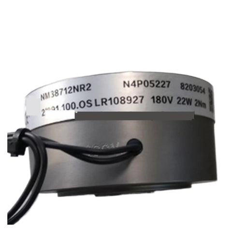 Side view of electromagnetic brake with black housing and silver label showing 180V 22W 2Nm NM38712NR2