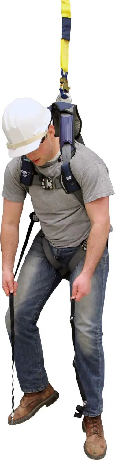 Man using Suspension Trauma Safety Strap for Harnesses, 1 Pair Pack, Black Go To Rescue Accessory for quick relief during suspension.