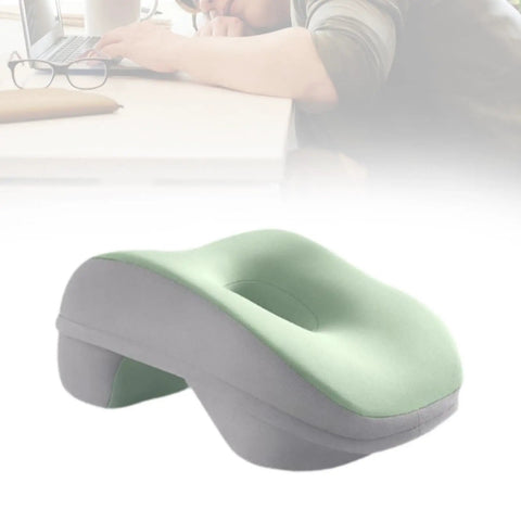 Desk Napping Pillow For Office Breaks And Travel With Memory Foam Neck Support, Breathable Hollow Design shown on desk