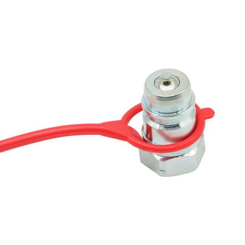 Close-up of chrome hydraulic quick-connect coupler with a red insulated wire loop
