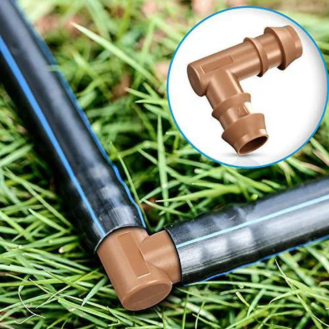 Front view of Boao 1/2 in drip irrigation fittings; brown plastic barbed elbows and end caps on black tubing