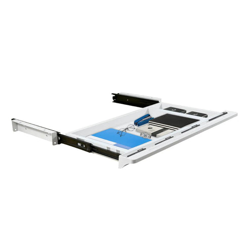 Under Desk Sliding Drawer With Smooth Ball Bearing Rails For Sit Stand Tabletops Pull Out Organizer showing organized office supplies.