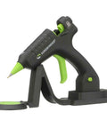 High Temperature Mini Hot Glue Gun with fine tip on heat stand, cordless and corded, black and green, 20W, for detailed crafting and DIY projects.