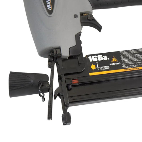 Straight Shooting Pneumatic 3 In 1 Nailer And Stapler Combining 16 Gauge Finish Nails With 18 Gauge Brad Staples For Cabinet Install Furniture Fix Crown Molding And Craft Tasks You Dig close-up view of tool controls and gauge.
