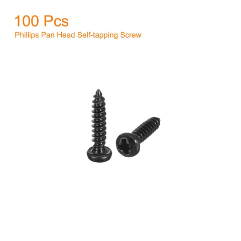 One Hundred Pack Of Two Gauge By Three Eighths Inch Phillips Pan Head Self Tapping Screws Rock Solid And Ready To Roll Rust Resistant 304 Stainless Steel Fasteners For Quick Wood Repairs with two black self-tapping screws.