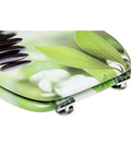 Built Tough Soft Close Toilet Seat Featuring Adjustable Hinges And Heavy Duty Urea Formaldehyde Structure Slow Closing Lid showing floral design and chrome hinges.