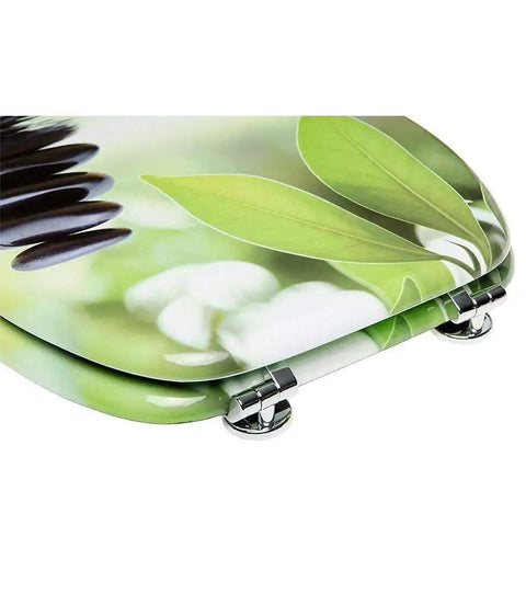 Built Tough Soft Close Toilet Seat Featuring Adjustable Hinges And Heavy Duty Urea Formaldehyde Structure Slow Closing Lid showing floral design and chrome hinges.