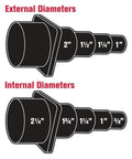 Shop Vac Adapter Step Reducer For Wet Dry Vacs size chart showing external and internal diameters for compatibility.