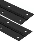 Pair of black stainless steel piano hinges, 2 in open width and 20 in long, with mounting holes.