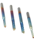 Eyech blue-coated end mills, 4pcs with 1/8 in shank, diameters 1.5–3.175 mm, angled view.