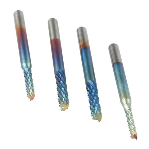 Eyech blue-coated end mills, 4pcs with 1/8 in shank, diameters 1.5–3.175 mm, angled view.