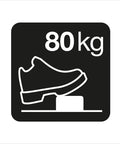 Illustration of shoe on pedestal with "80kg" text, representing weight capacity or durability limit.