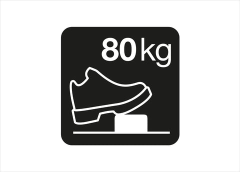 Illustration of shoe on pedestal with "80kg" text, representing weight capacity or durability limit.