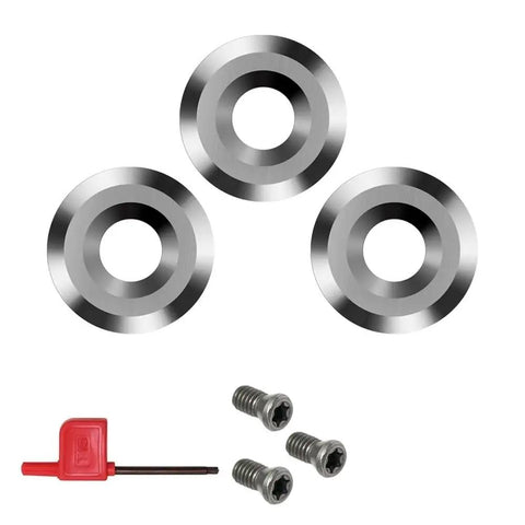 Badass Heavy Duty 3 Piece 12mm Round Carbide Finisher Blades With Negative Rake Angle. Includes screws and tool for replacement.