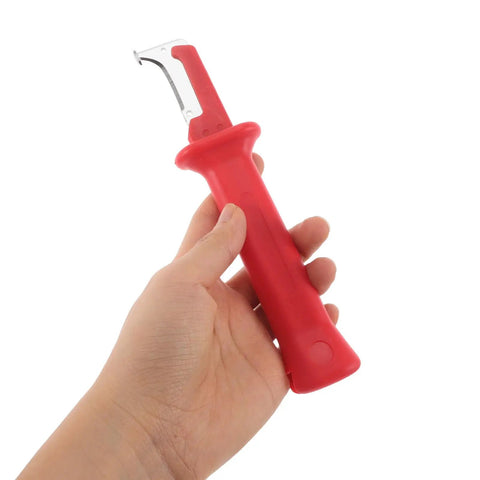 Heavy Duty Insulated Wire Stripper Knife With No Sweat Cable Cutting Razor Ergonomic Grip Handle, held in a hand.