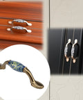 2 Pack Ceramic Cabinet Pulls With Brushed Brass Finish And Vintage Sea Wave Pattern on wooden and black cabinets
