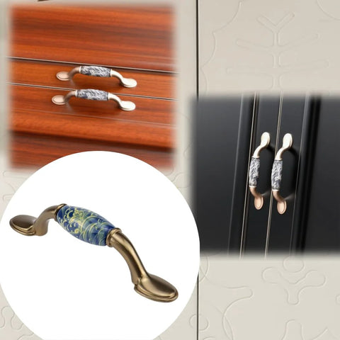 2 Pack Ceramic Cabinet Pulls With Brushed Brass Finish And Vintage Sea Wave Pattern on wooden and black cabinets