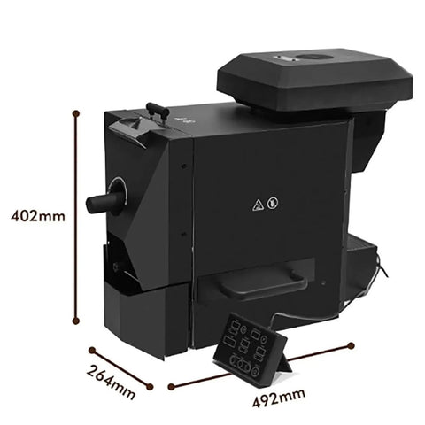 Commercial Automatic Coffee Bean Roaster With Smoke Filter And Nine Custom Baking Curves For Smooth Pro Level Roasts That Nail Every Fresh Cup Of Coffee Right Away, side view with dimensions.
