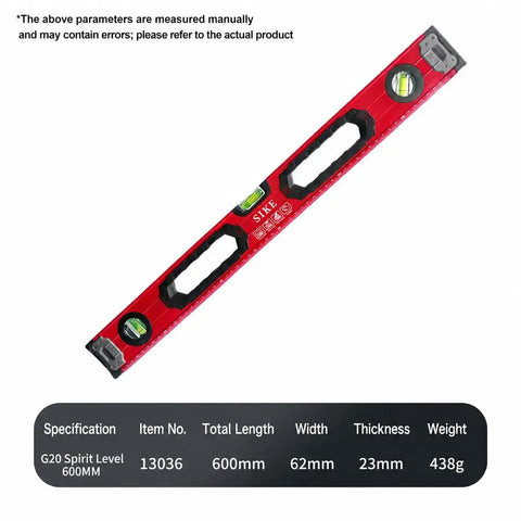 Two piece set.SIKE G20 Spirit Level, Red Aluminum, 24"/12" with rubber grip handles for secure use.