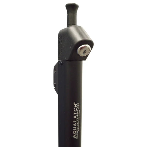 Magnetic Pool Safety Gate Latch, 20 Inch Tall, Black, Keyed Alike Lock For Vinyl Wood And Metal Gates, shown in close-up.