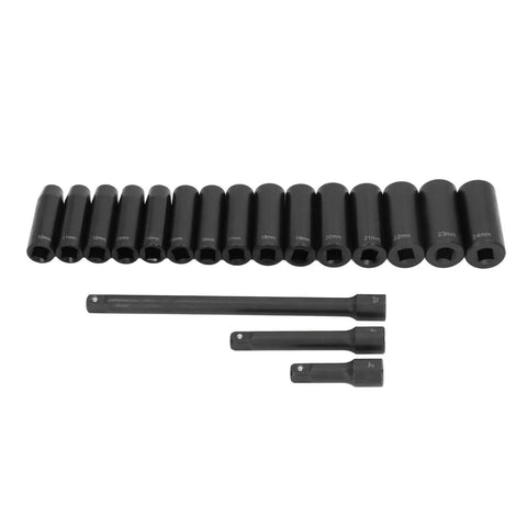 Ultimate 18-Pc Metric Hex Impact Socket Kit With Cr-V Steel Sockets From 10mm To 24Mm Plus Extensions And Storage Box For Your Garage Repair Jobs And Auto Hobbies, 10-24mm sockets