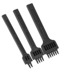 Leather Craft Stitching Punch Tool Set 3 Piece 2 Prong 4 Prong 6 Prong Chisel 4mm with smooth handles and steel tips.