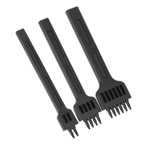 Leather Craft Stitching Punch Tool Set 3 Piece 2 Prong 4 Prong 6 Prong Chisel 4mm with smooth handles and steel tips.