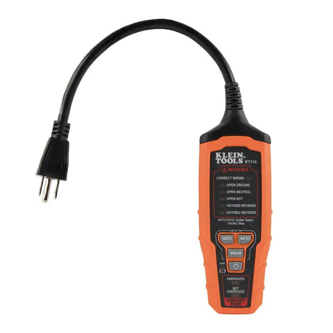 Pro Grade AFCI and GFCI Outlet Tester for North American Receptacles, handheld device with attached plug, orange and black design.