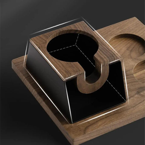 No Fuss 58mm Walnut Wood Espresso Tamper Station And Coffee Press Handle Holder Pro Barista countertop organizer with deep groove slot.
