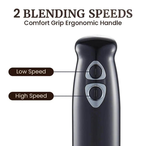 500W immersion hand blender detail showing two blending speeds and ergonomic matte black grip for effortless use.