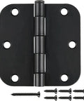 Six Pack Matte Black Interior Door Hinges Three Point Five Inch Round With Five Eighths Inch Radius Heavy Duty Hinges shown with screws