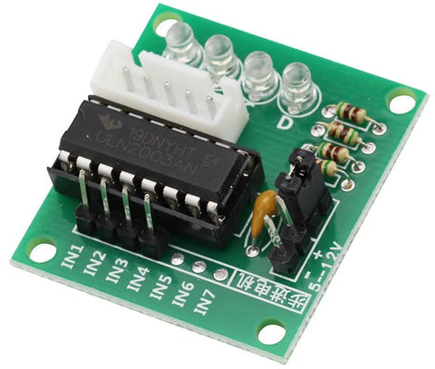4-phase 28BYJ-48 5V stepper motor with ULN2003 driver board on green PCB (front view)