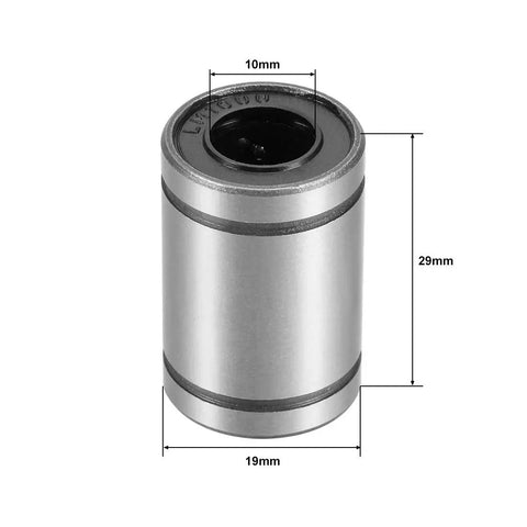 LM10UU Linear Ball Bearings 10mm Bore 19mm OD 29mm Length, double sealed metal unit for precise motion.