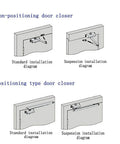 Installation diagrams for light commercial aluminum door closer with soft close and automatic adjustable arm, hydraulic operation.