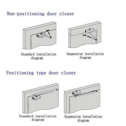 Installation diagrams for light commercial aluminum door closer with soft close and automatic adjustable arm, hydraulic operation.