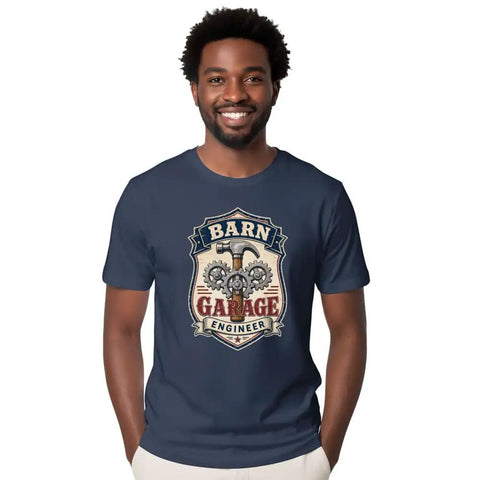 Vintage Mechanical Engineer TShirt With Hammer Gear Emblem For Garage Daily Wear Unisex Cotton Tee on a smiling man.