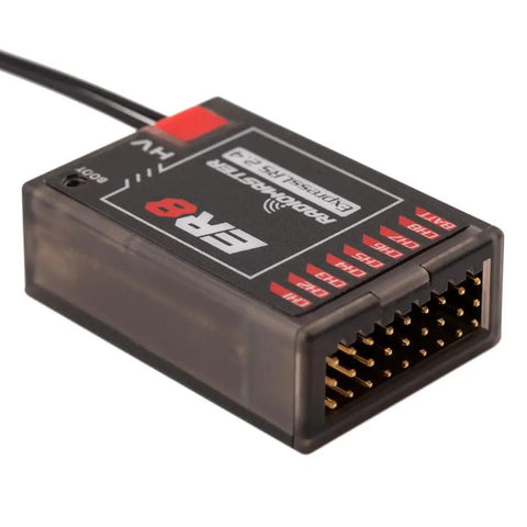 ExpressLRS ER8 2.4GHz 8 Channel PWM Receiver with telemetry for FPV drones, showing connection ports and red branding