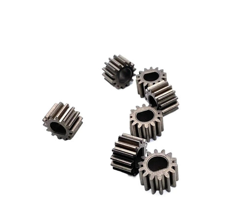 Beefy Helical Gear Set 10 Pieces 1M 14T D-Hole 8mm Metal Motor Gear laying together on a white background