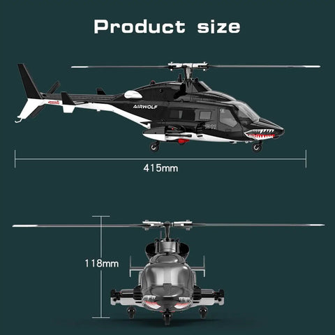 Side and front view of Indoor RC Copter For Adults With GPS 2.4GHz 9CH Flybarless Stability, showing 415mm length.
