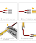 FCOB LED Connector Kit 8mm 0.31in transparent solderless connectors for gapless strip to strip and corner joints instruction guide